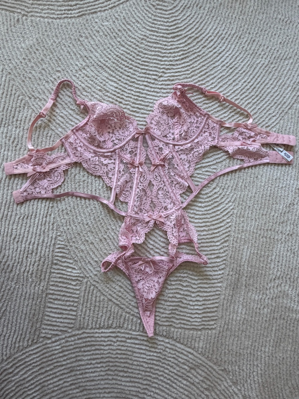 For Love & Lemons Pink Lace Strappy Bodysuit, XS